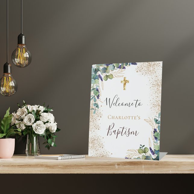 Baptism eucalyptus greenery elegant welcome pedestal sign (Creator Uploaded)