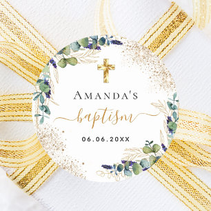 Baptism eucalyptus greenery glitter monogram classic round sticker