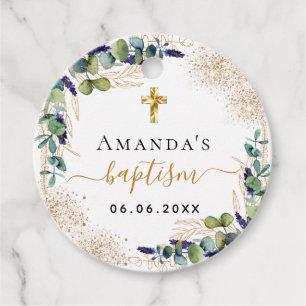 Baptism eucalyptus greenery glitter monogram favour tags