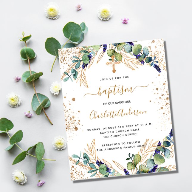 Baptism eucalyptus greenery gold budget invitation flyer (Creator Uploaded)