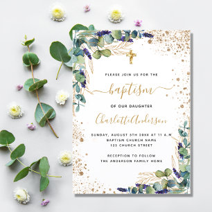Baptism eucalyptus greenery gold cross script invitation