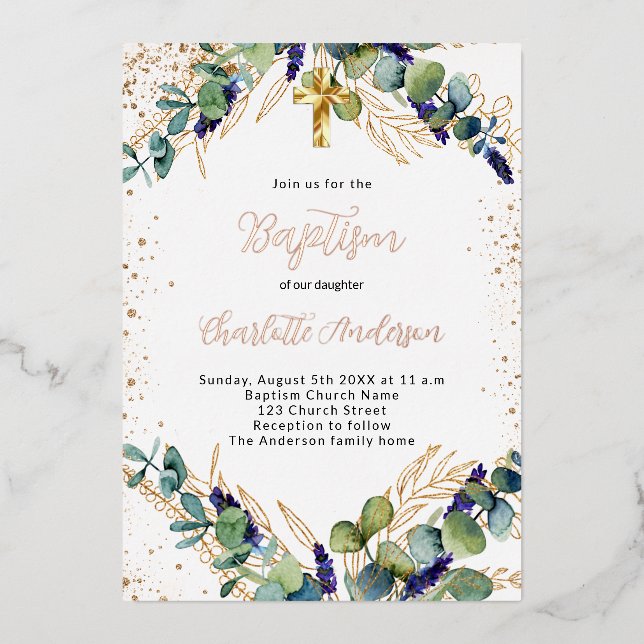 Baptism eucalyptus greenery gold glitter (Front)