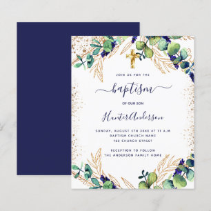 Baptism eucalyptus greenery navy blue invitation