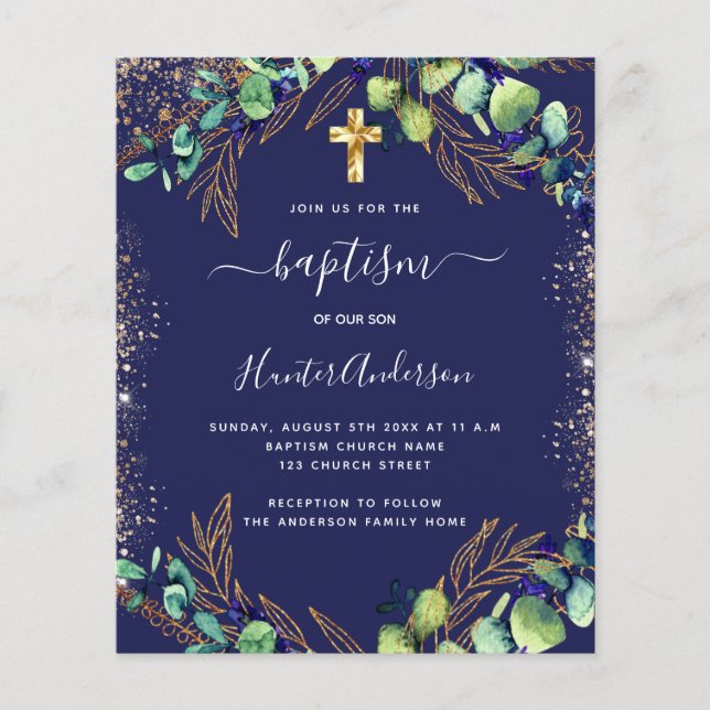 Baptism eucalyptus greenery navy blue invitation flyer (Front)