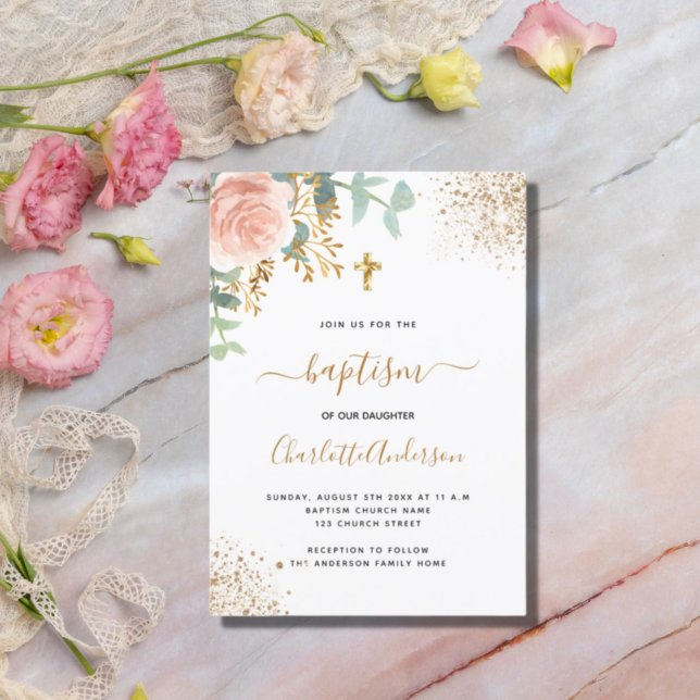 Baptism eucalyptus greenery rose gold floral  invitation postcard (Creator Uploaded)