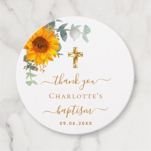 Baptism eucalyptus greenery sunflower thank you favour tags