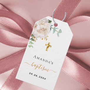 Baptism eucalyptus greenery white floral gift tags