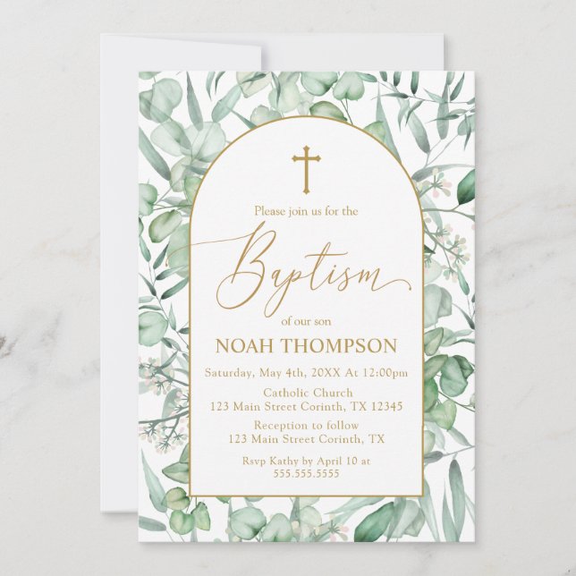 Baptism Eucalyptus leaves Invitation (Front)