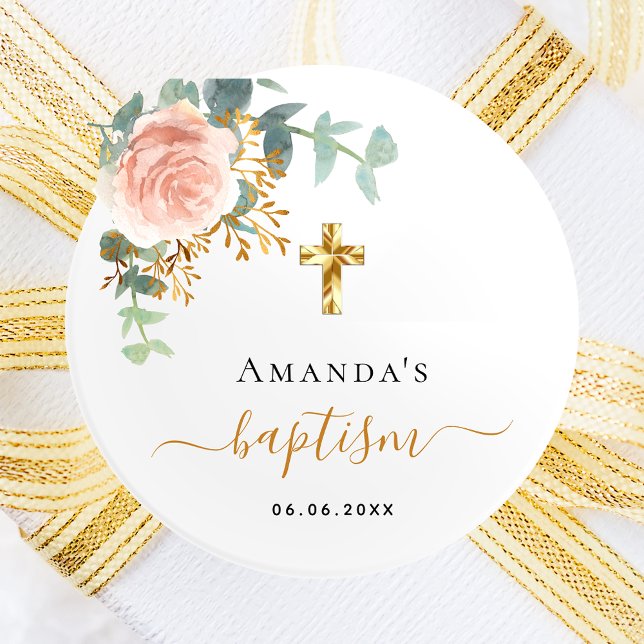 Baptism eucalyptus pink floral girl rose gold classic round sticker (Creator Uploaded)
