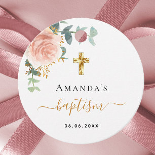 Baptism eucalyptus pink floral girl rose gold favour tags