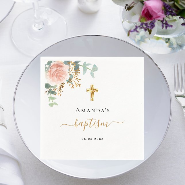Baptism eucalyptus pink floral girl rose gold napkin (Creator Uploaded)