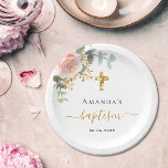 Baptism eucalyptus pink floral girl rose gold paper plate<br><div class="desc">For an elegant baptism,  celebrating a baby girl. A chic white background. Decorated with a watercolored rose gold and blush pink rose and green  eucalyptus leaves,  sprigs,  greenery,  faux gold leaves. A faux gold cross.  Personalize and add the name of the child and a date. Black and golden letters.</div>