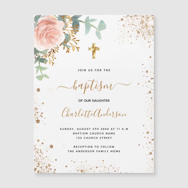 Baptism eucalyptus rose floral invitation magnet (Front)