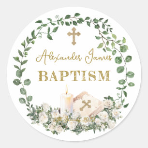Baptism Eucalyptus Roses Cross  Classic Round Sticker