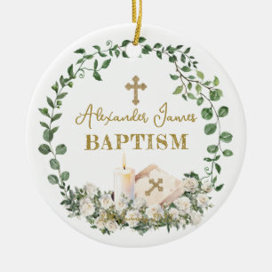 Baptism Eucalyptus Roses Cross Photo Ceramic Tree Decoration