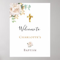 Baptism eucalyptus white floral gold cross welcome