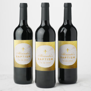 Baptism Faux Gold Foil Elegant Script Cross Wine Label
