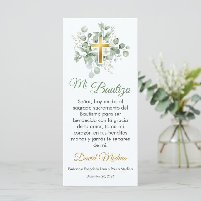 Baptism Favour Watercolor Green Leaves Bookmark (Standing Front)