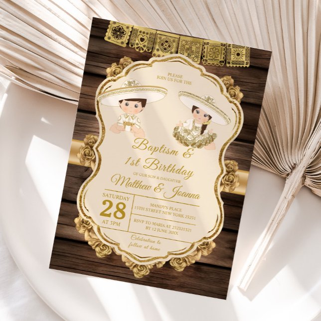 Baptism Fiesta Twin Boy & Girl Wood 1st Birthday Invitation (Creator Uploaded)