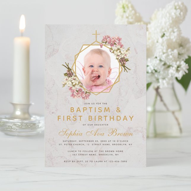 Baptism First Birthday Girl Photo Pink Orchids Invitation (Creator Uploaded)