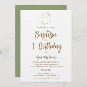 Baptism First Birthday Greenery wreath Gold cross Invitation