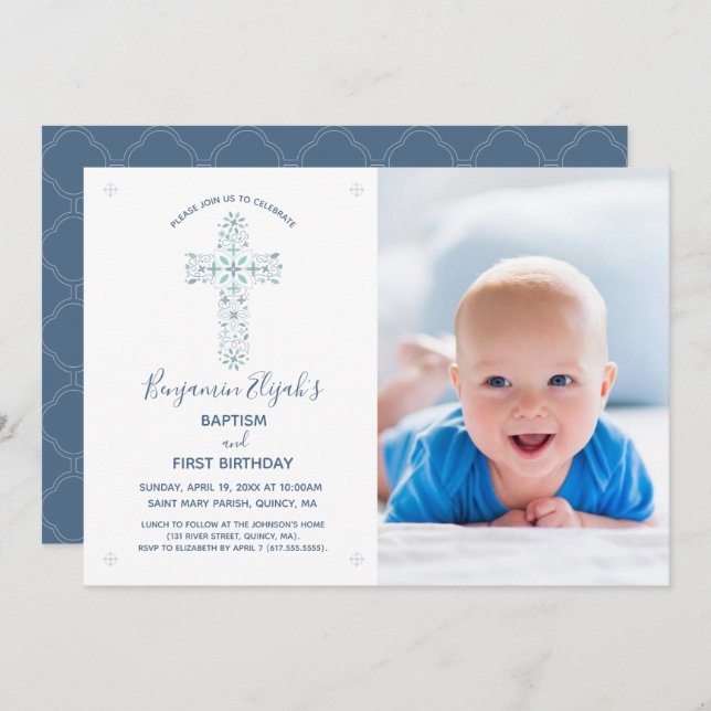 Baptism First Birthday Invitation, Photo & Cross Invitation (Front/Back)