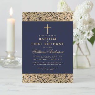 Baptism First Birthday Navy Blue Gold Roses Boy Invitation