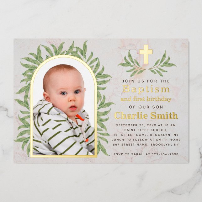 Baptism First Birthday Photo Greenery Gold Arch  (Front)