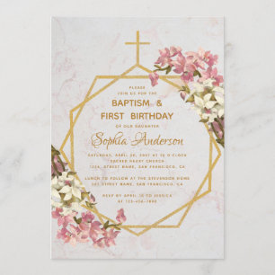 Baptism First Birthday Pink Orchids Gold Marble Invitation