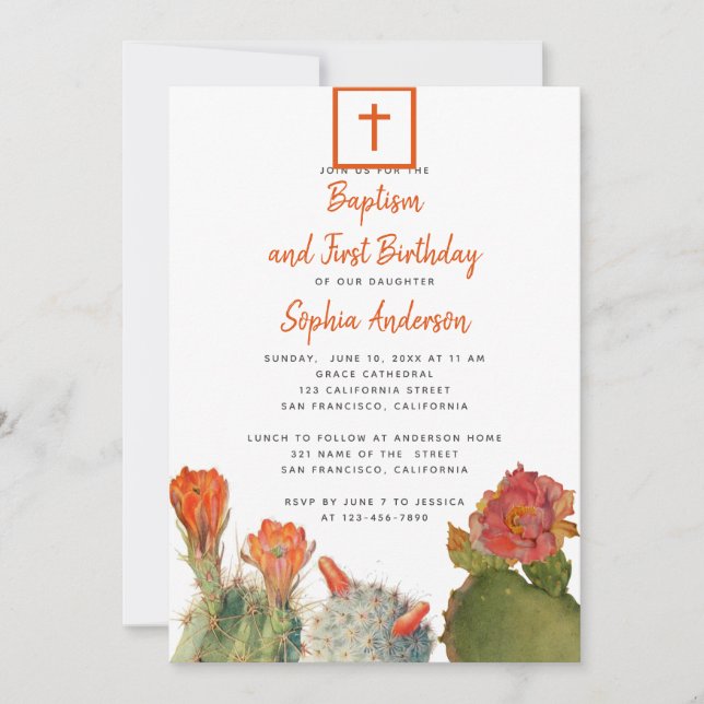 Baptism & First Birthday Red Cactus Flowers Girl Invitation (Front)