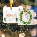 Baptism First Christmas Rustic Trees Photo Ceramic Ornament<br><div class="desc">Baptism First Christmas Rustic Trees Photo Ceramic Ornament. Perfect for Baptisms, Christenings, or just as a keepsake! Cute, Modern yet Rustic Christmas Holiday Photo Square Ornaments featuring adorable little forests of rustic Christmas trees and Merry Christmas in modern typography. Add 2 of your favorite photos for the perfect ornament! Please...</div>