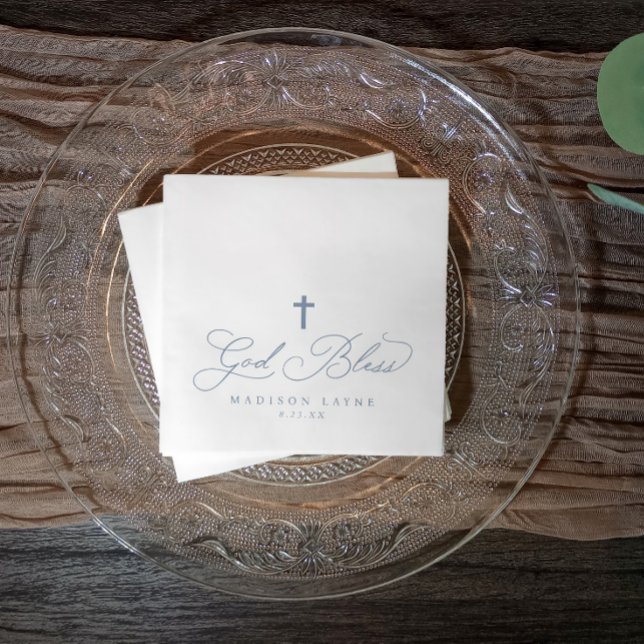 Baptism First Communion Dusty Blue God Bless Cross Napkin (Dusty blue God Bless baptism napkins with cross—personalized for a soft, elegant celebration.)