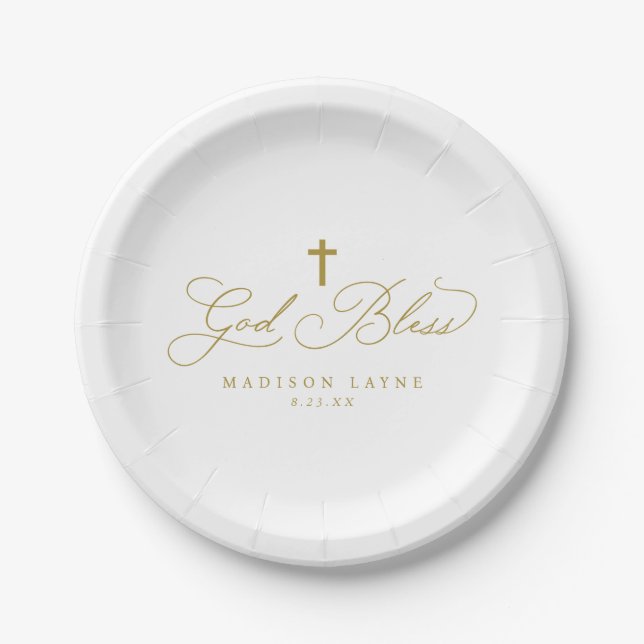 Baptism First Communion Gold God Bless Cross Paper Plate (Front)
