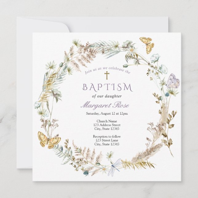 Baptism Floral and Butterflies Invitation (Front)