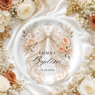 Baptism Floral Bow with Pearl  Paper Plate