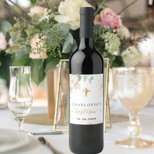 Baptism floral boy girl name gold cross wine label