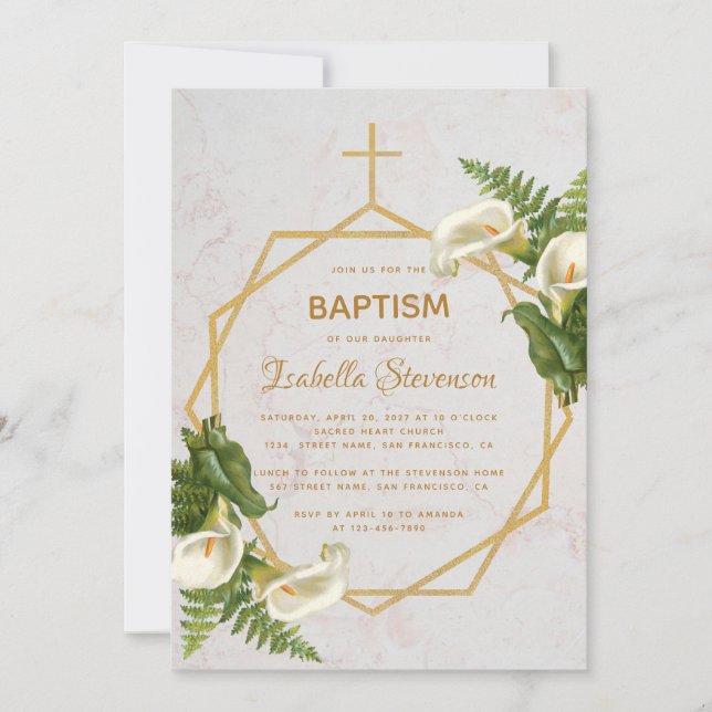 Baptism Floral Gold Marble Calla Lilies Geometric  Invitation (Front)