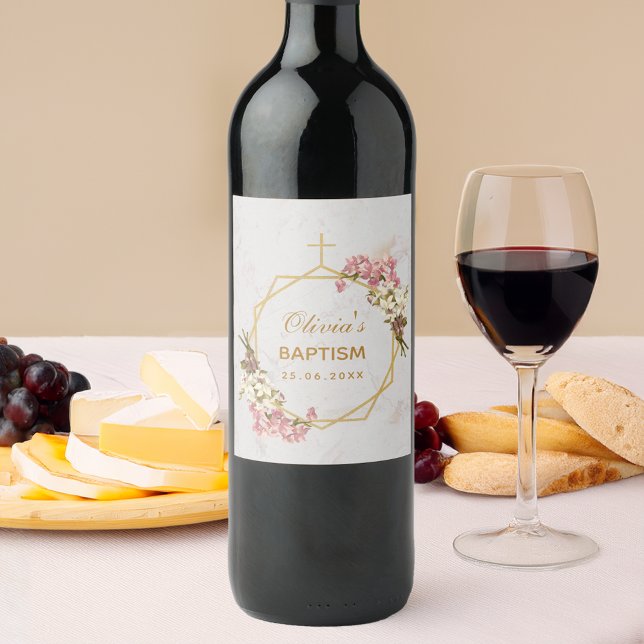 Baptism Floral Gold Pink White Orchids Marble Wine Label (Creator Uploaded)