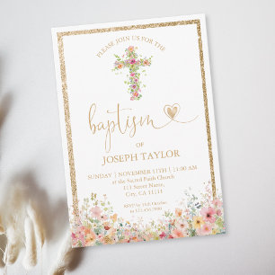 Baptism Floral Modern Cross Christening Gold Invitation
