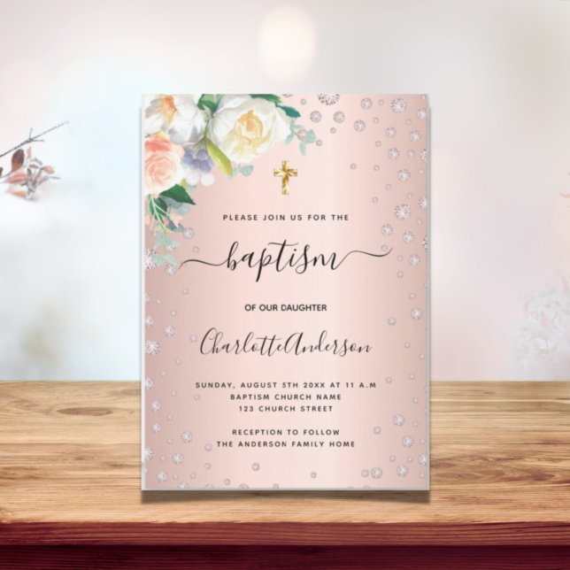 Baptism floral rose gold pink budget invitation flyer (Creator Uploaded)