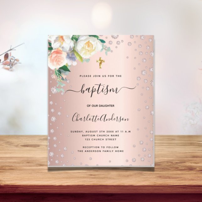 Baptism floral rose gold pink girl elegant invitation postcard (Creator Uploaded)
