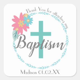 Baptism Floral Wreath Cross Spring Child's Name Square Sticker