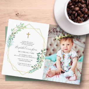 Baptism For Her Geometric Foliage Cross Invitation