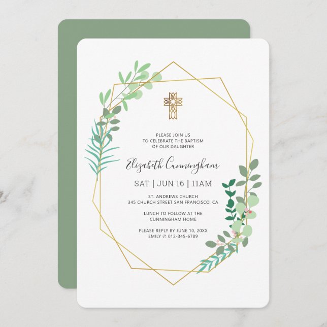 Baptism For Her Geometric Foliage Gold Cross Invitation (Front/Back)