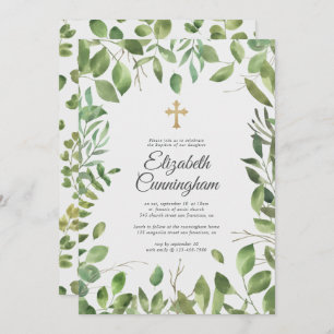 Baptism For Her   Gold Cross Greenery Foliage Leaf Invitation
