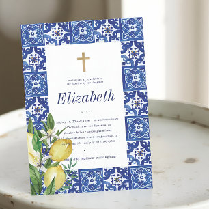 Baptism For Her Lemon Foliage Mediterranean Tiles Invitation
