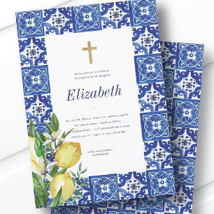 Baptism For Her Lemon Foliage Mediterranean Tiles Invitation