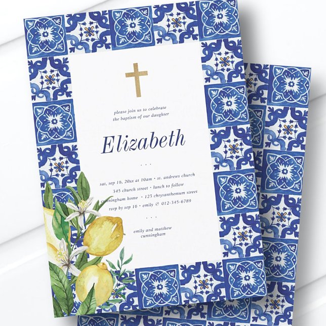 Baptism For Her Lemon Foliage Mediterranean Tiles Invitation (Creator Uploaded)