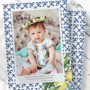 Baptism For Her Mediterranean Tiles Lemons Floral Thank You Card