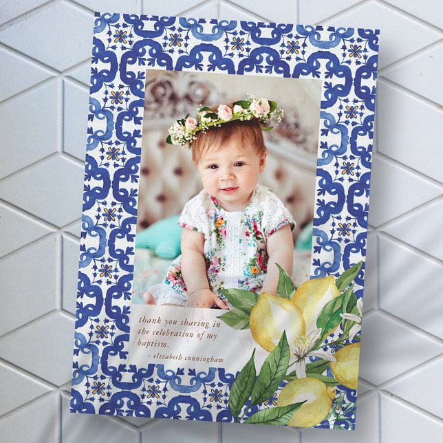 Baptism For Her Mediterranean Tiles Lemons Flowers Thank You Card (Creator Uploaded)
